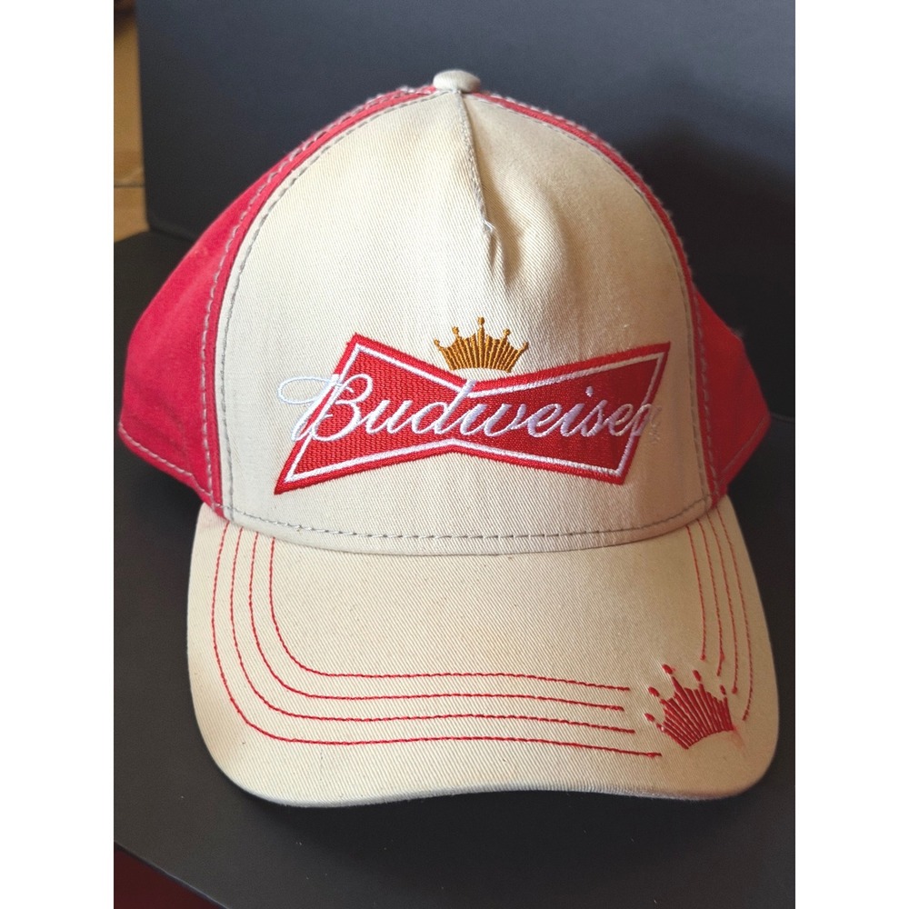 Budweiser King of Beers Baseball Hat Red Tan Embroidered Cotton Adjustable Cap